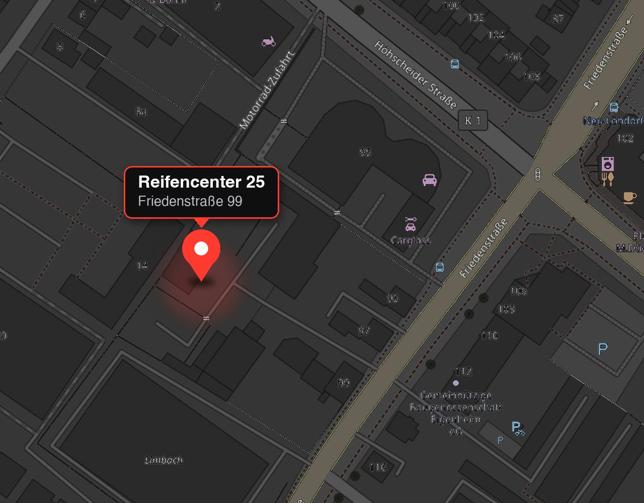 Karte: Reifencenter 25, Friedenstraße 99, 42699 Solingen